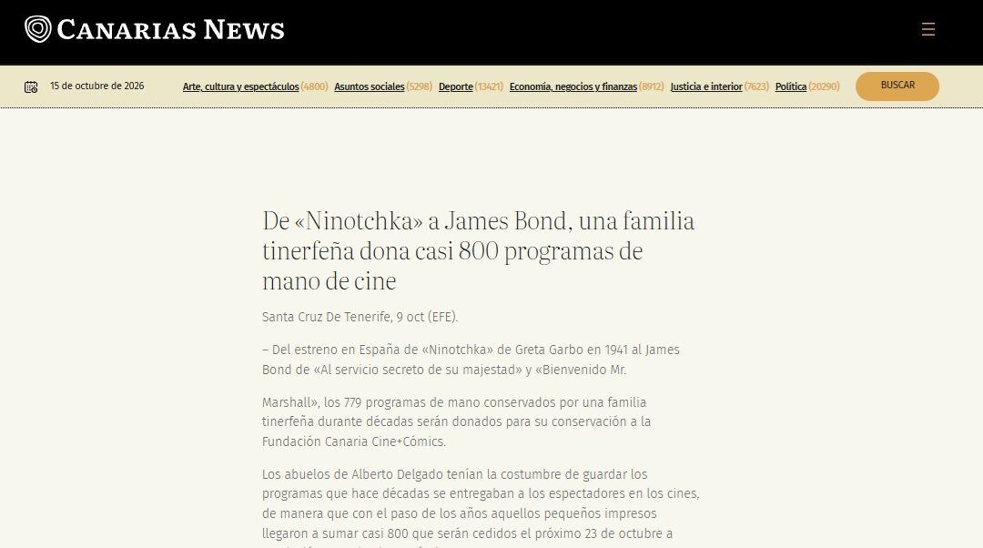 Canarias News | De «Ninotchka» a James Bond, una familia tinerfeña dona casi 800 programas de mano de cine